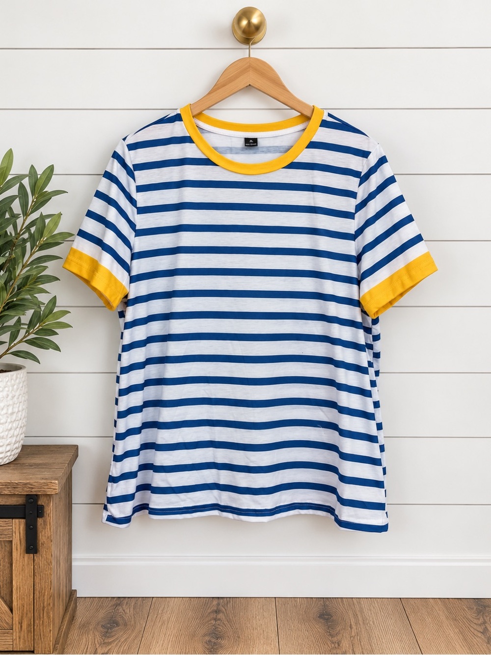 💙 SHEIN Blue White Striped Ringer Tee Yellow Trim Size XL
